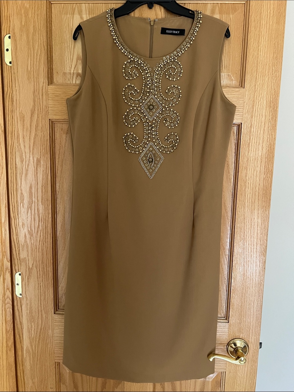 Ellen Tracy Camel Sheath Dress with Beaded Yoke